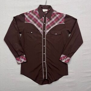 Vintage PJ Western Wear Brown Plaid Pearl Snap Long Sleeve Cowboy Shirt Mens M